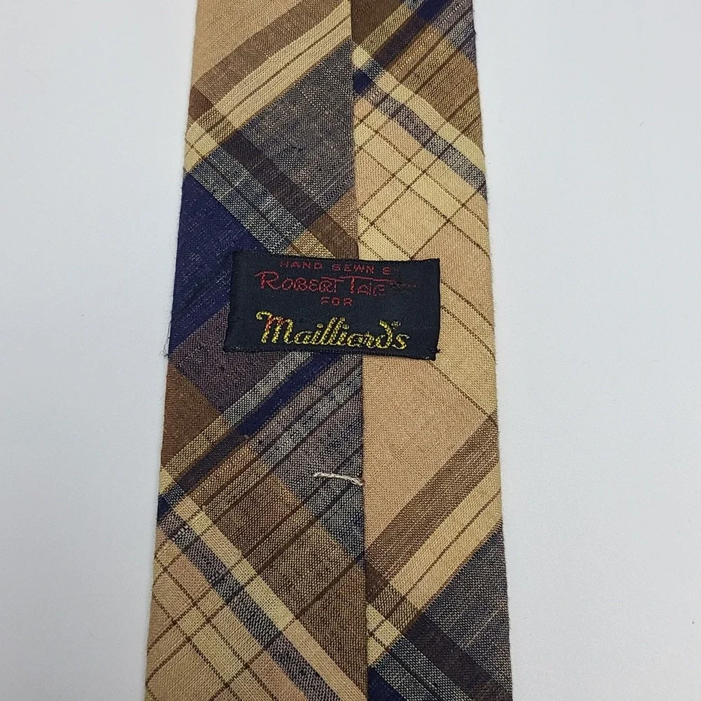 Robert Talbott Vintage Necktie Blue Brown Plaid Tartan Cotton 57